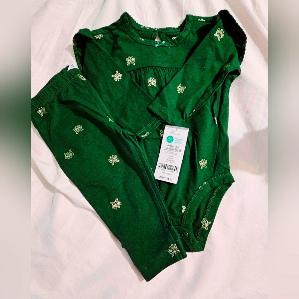 2 piece, green outfit, 6 months